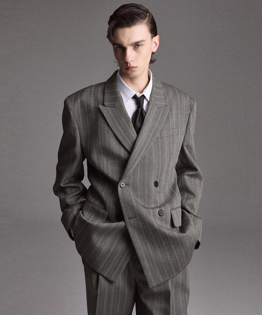TNGT [Set] Herringbone Structure Wool Double Jacket & Wide Pants (Grey) 0Tja6F103G2