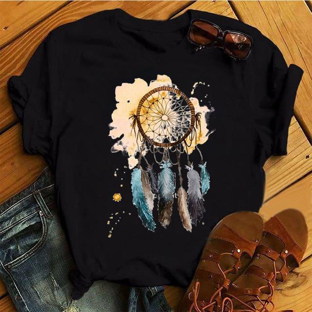 Harajuku женская футболка с принтом в виде перьев и цветов, женская новая черная футболка, женские милые графические футболки, женские повседневные топы, футболка