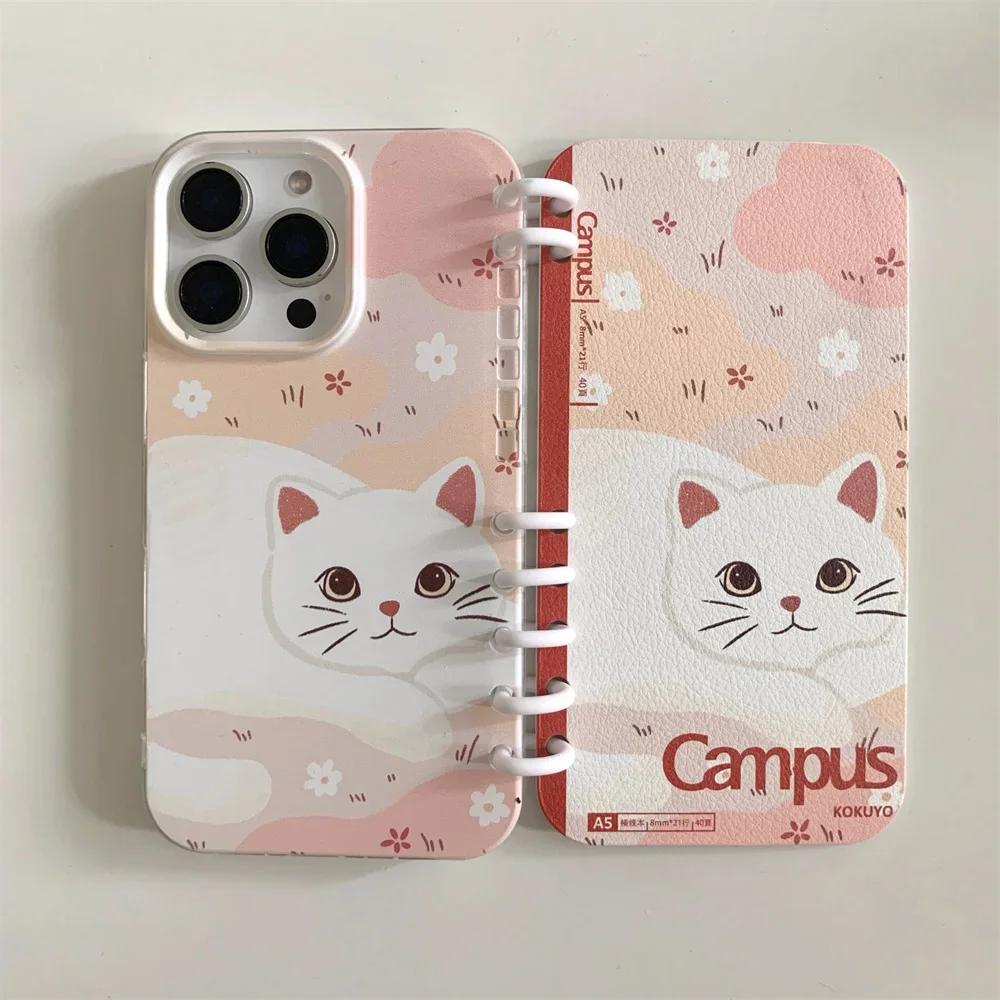 Чехол-книжка в стиле милого кота в виде спирального блокнота для iPhone 16 Pro Max 15 14 13, держатель для слота для подставки, противоударный чехол из искусственной кожи