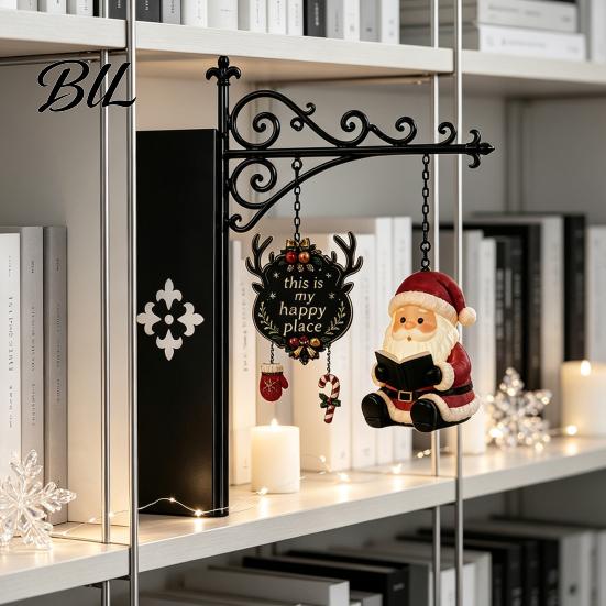 Santa Claus Book Insert Christmas Shelf Light, Iron Bookend Night Lamp with Decorative Accessories Reindeer Snowman, Warm Glow Tabletop Decor