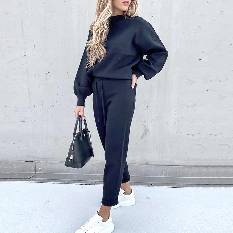 2021 Winter Women's High Neck Casual Loose Solid Hoodie & Trousers Two-Piece Set