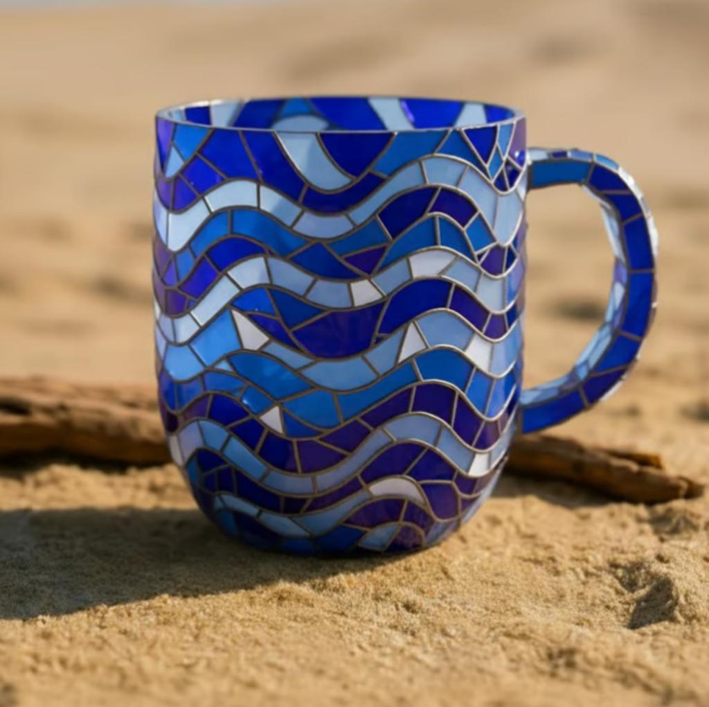 Mug Series, 12 Oz Blue Hand-blown Cracked Coffee Mug With Bubble Texture.