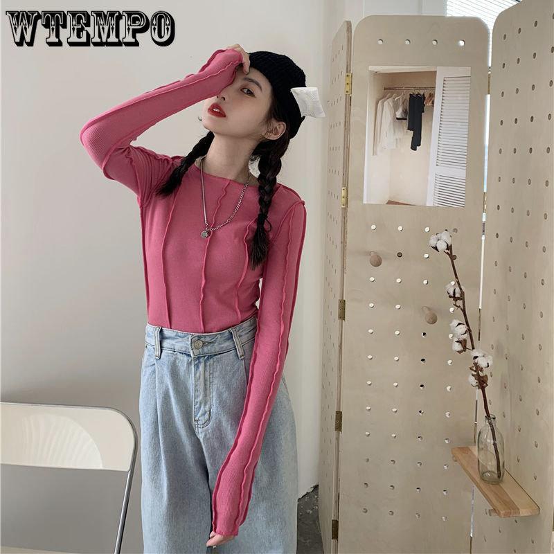 WTEMPO Женские футболки с длинным рукавом и круглым вырезом, тонкие родо-синие шикарные уличные женские крутые корейские весенние повседневные топы