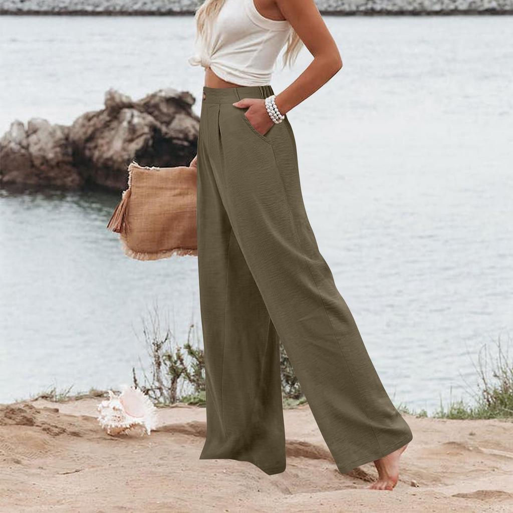 Широкие брюки для женщин, однотонные повседневные брюки с высокой талией, брюки на пуговицах для тренировок с карманами