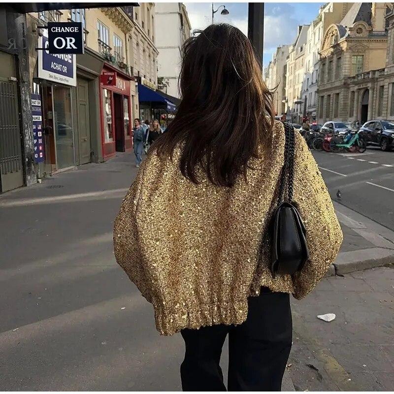 Блестящая куртка с воротником-стойкой и блестками для женщин 2023, осень-зима, с длинным рукавом, золотого цвета, повседневное свободное женское пальто, шикарное карманное модное уличное пальто, винтажное пальто