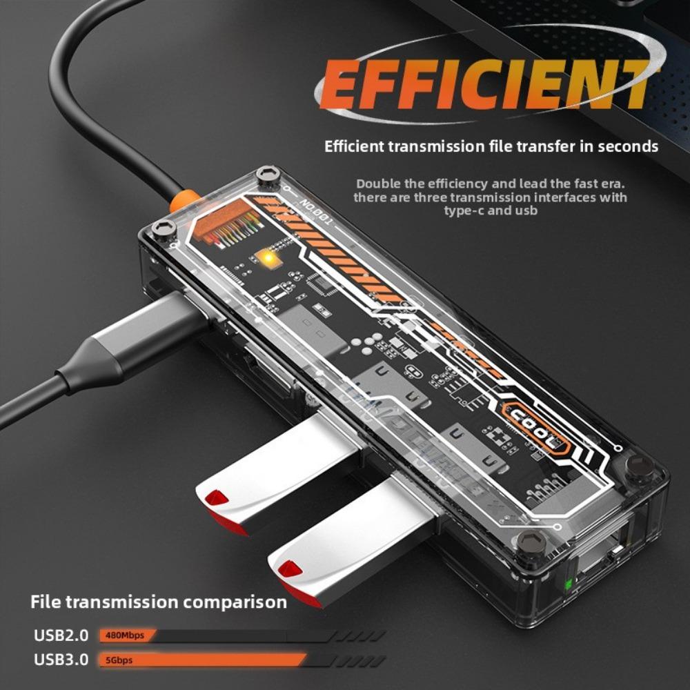 Док-станция 5 в 1 Type C, прозрачный дизайн, USB-концентратор с адаптером RJ45 100 Мбит/с Ethernet
