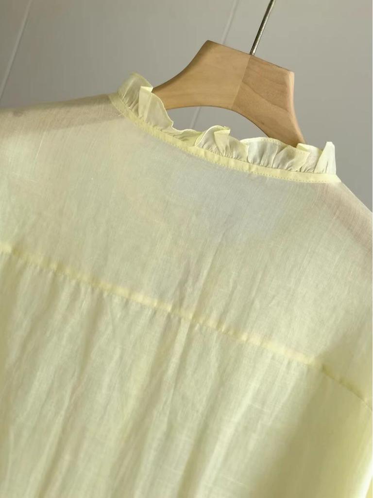 Женская рубашка Endi, светло-желтая, с V-образным вырезом, с рюшами, на шнуровке, с вышивкой бисером, из рами