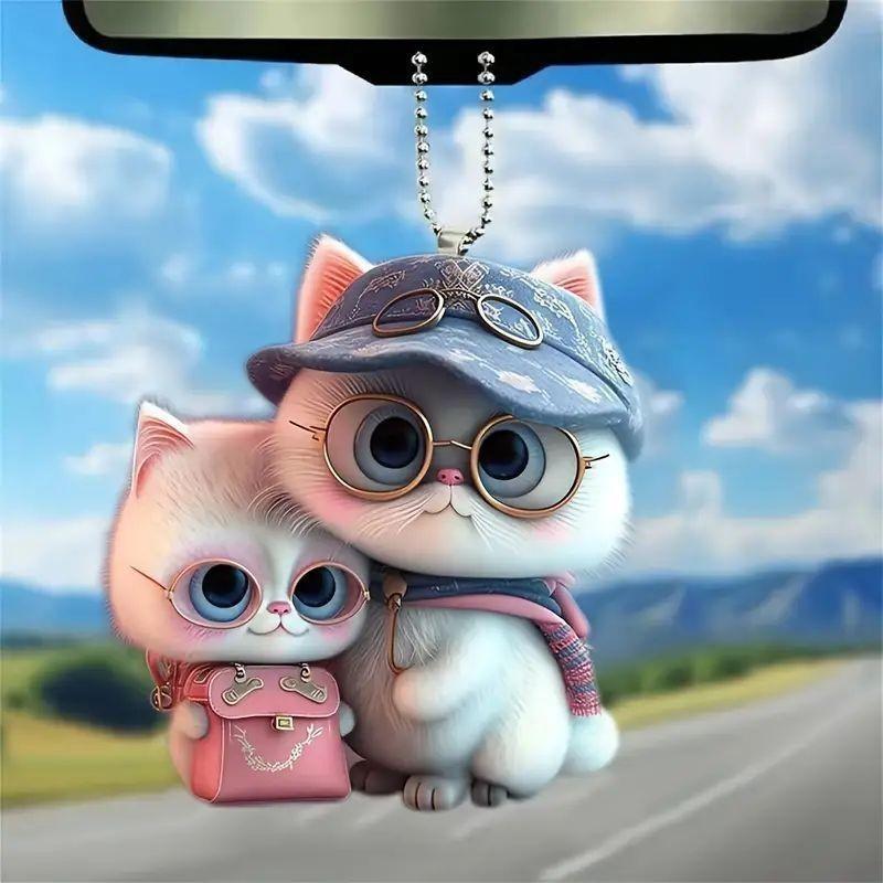 Acrylic Flat Surface Couple Cat Pendant With Hat Style For Backpack Decor
