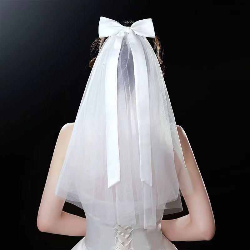 Свадебная фата невесты, двухслойная, короткая, прозрачная фата с милым бантом, аксессуары для волос для невесты, обрезанный край, прямая поставка