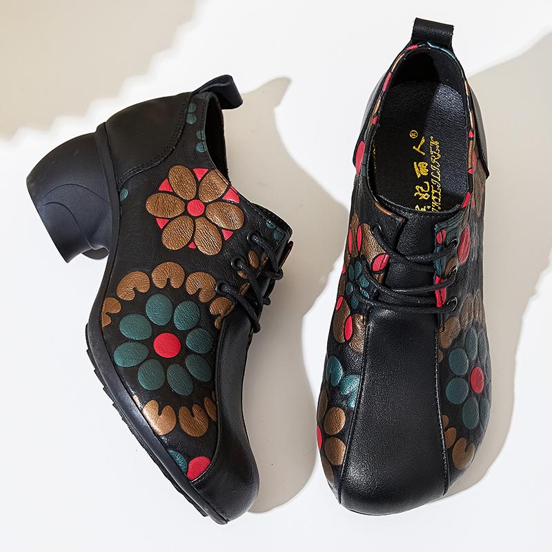 Осенние туфли-лодочки, женская обувь, лаконичная женская обувь на высоком каблуке из натуральной кожи с принтом в китайском стиле на шнуровке