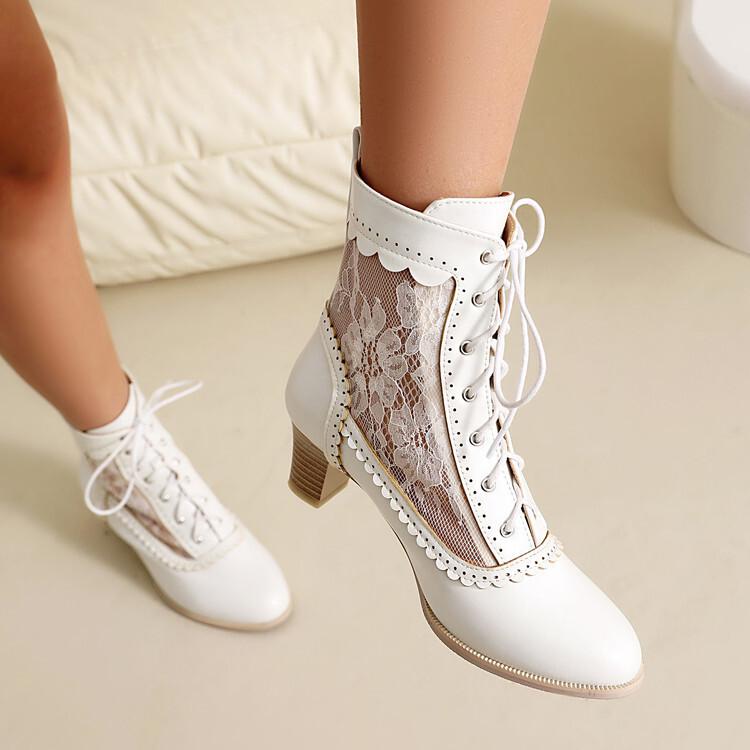 Women's Short Boots Retro British Lace Spell Hollow Burnt Wood Grain Heel Lace-up and Ankle Boots Martin Boots