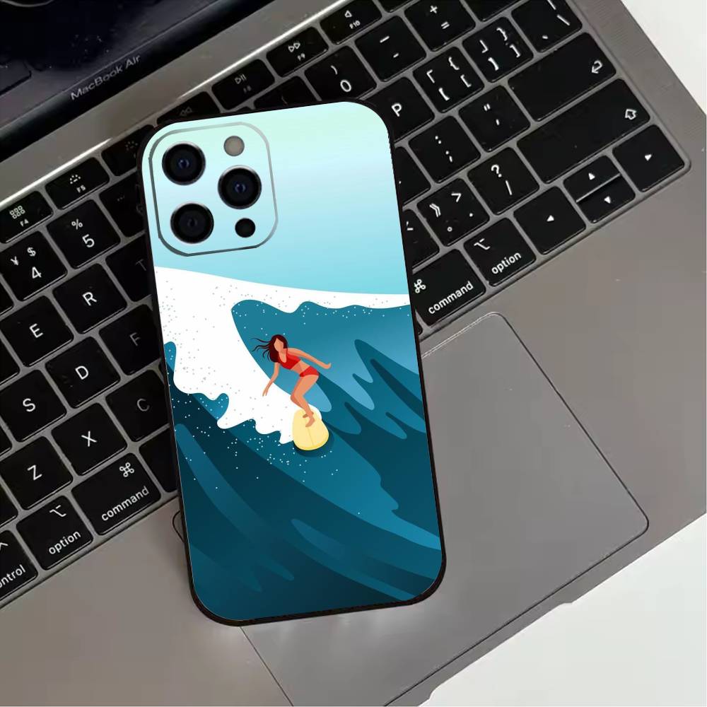 Surfboard Surfing Art Surf Girl Phone Case For iPhone 17,16,15,14,13,12,11 Plus,Pro Max,XS,Soft Silicone Black Cover