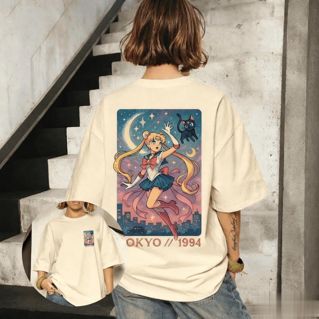 Sailor Moon Цукино Усаги и Луна "Токио 1994" Винтажная футболка, Унисекс Магическая Девочка Аниме Оверсайз Футболка, 100% Хлопок Повседневная Футболка с коротким рукавом