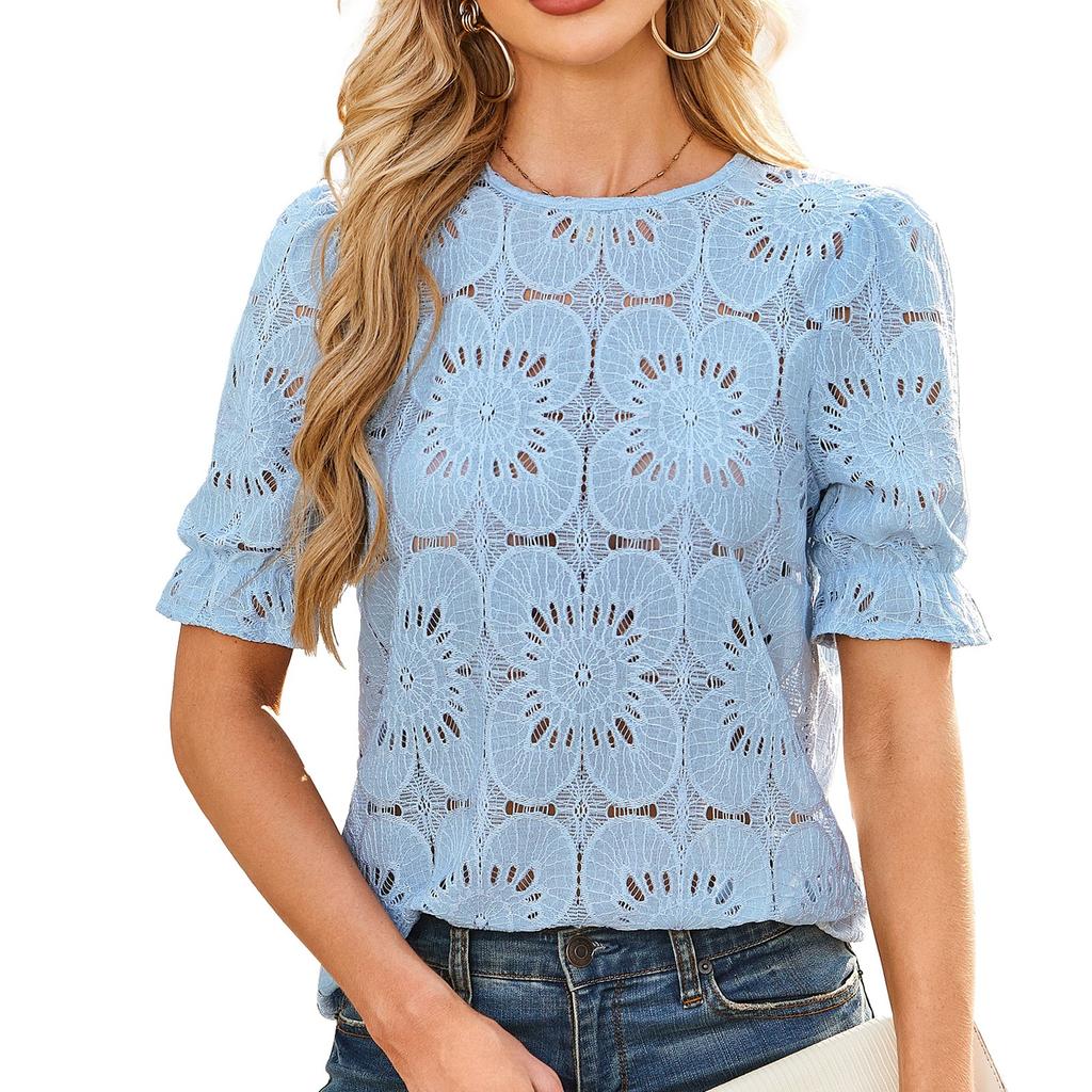 Женская модная повседневная рубашка с короткими рукавами и кружевом-пузырем
