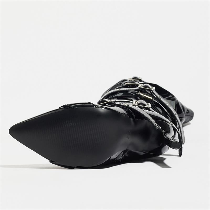 Fashion Cool Punk Style Buckle Belt Strap Over The Knee Boots Women Fashion Zipper Thigh High Shoes Pointed Toe Party Strippers Heels