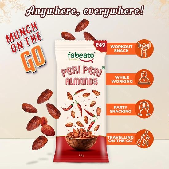 Fabeato Munch on the Go Snack Премиум Peri Peri Миндаль | Острый | Хрустящий | Богат белком Каждый пакетик 25 г | Упаковка из 10 штук