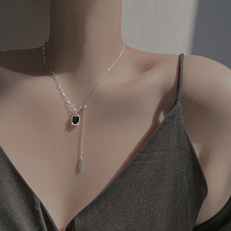 S925 Sterling Silver Necklace Sweet Cool Girl Black Diamond Square Tassel Splicing Pull Clavicle Chain Necklace Black Square Brand Necklace