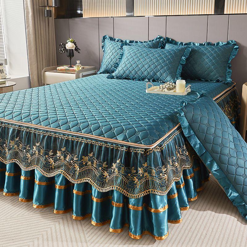 Комплект из 3 предметов для спальни Высококачественная юбка для кровати из хрустального бархата Комплект из трех предметов с толстой кружевной отделкой, стиль корейской принцессы Теплый и нескользящий чехол для матраса