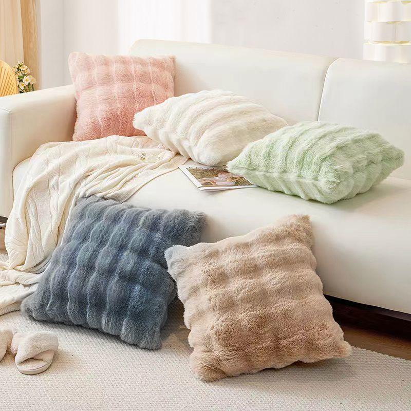 Cream Style Pillow Light Luxury Rabbit-like Plush Pillowcase Plush Living Room Home Sofa Bedroom Bedside Beige Backrest