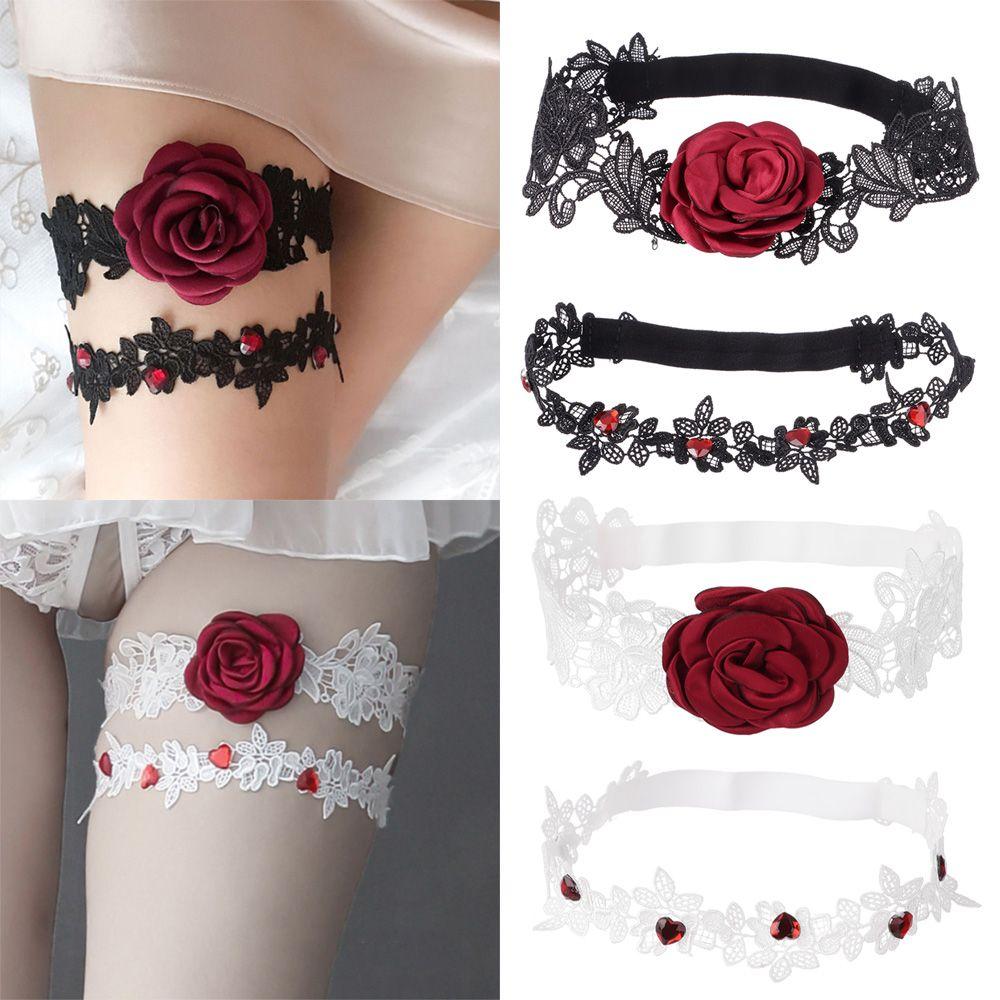 Rhinestones Stretch Red Rose Flower Garters Embroidered Stretch Garter Lace Leg Ring Set Lace