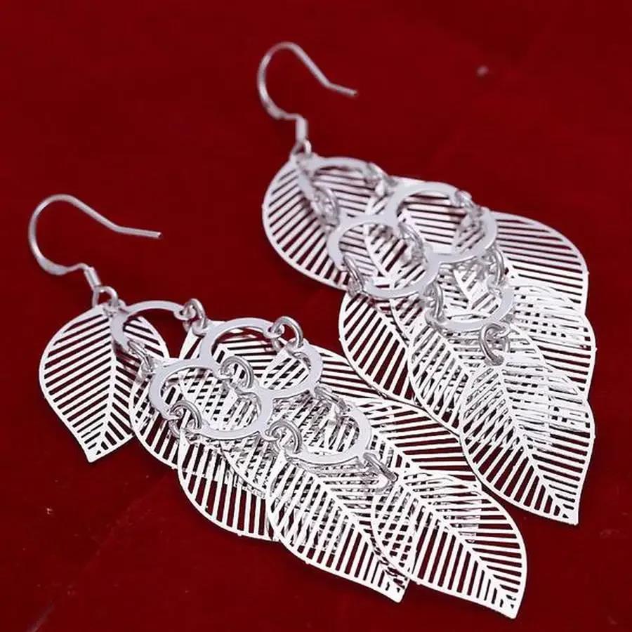 925 Sterling Silver charms women cute wedding fashion beautiful retro long leaves Earring Jewelry free shipping factory price