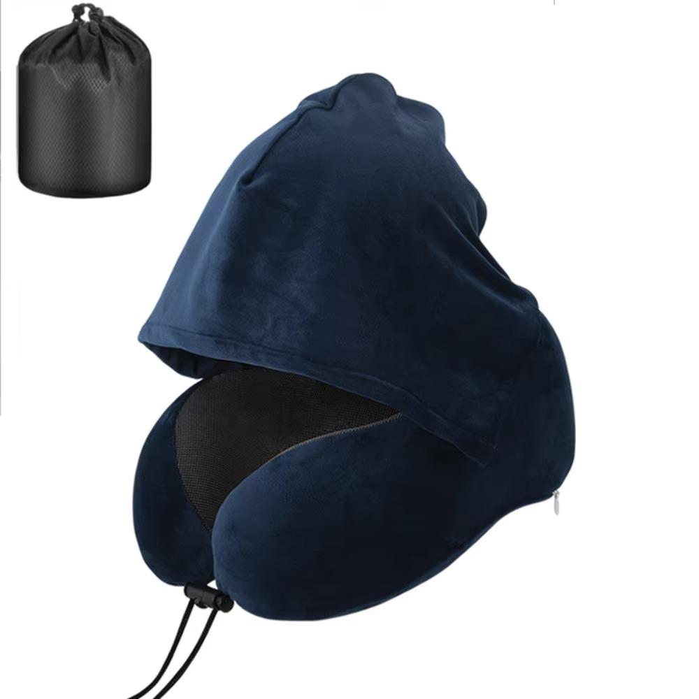 Removable Travel Neck Pillow Adjustable with Storage Bag Hooded Pillow Soft Support Washable Cover U-shaped Pillow with Cap