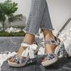 Fashion Women's Fashion Wedge Sandals Summer New Round Head Open Toe Printed Butterfly Knot Lace Temperament High Heels