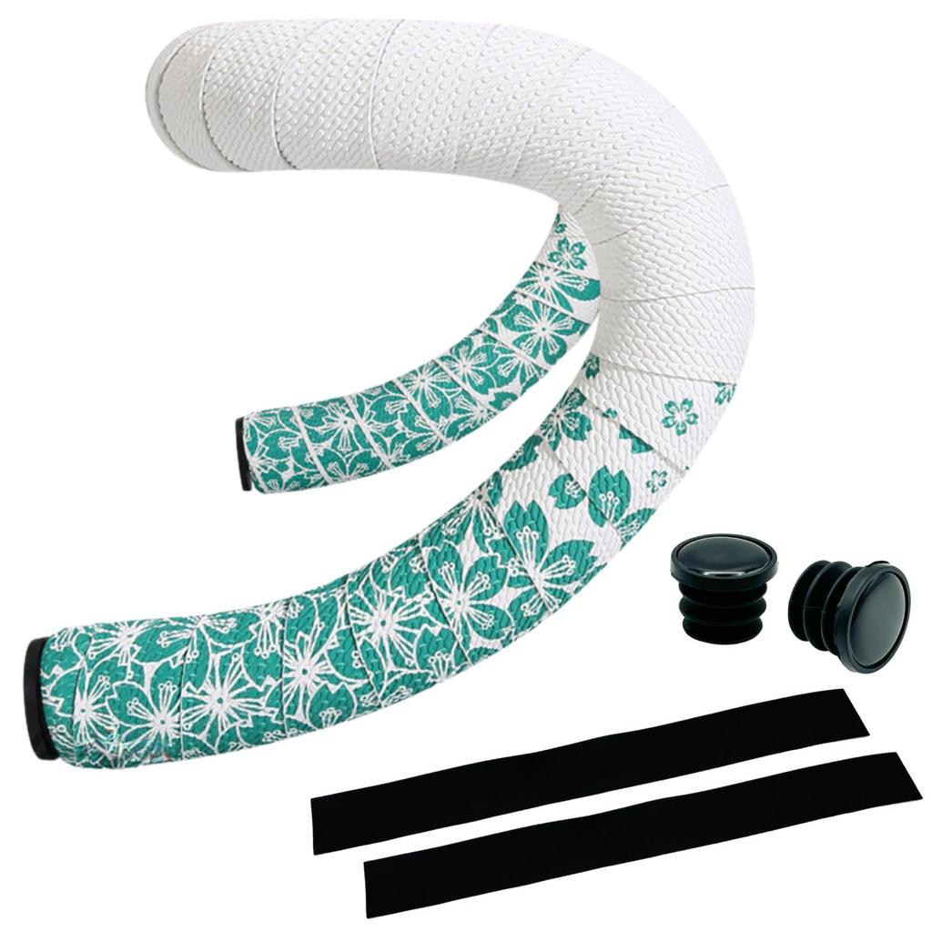 MARUHADO Bicycle Bar Road Bike Drop Handlebar Set and with End Cherry Blossom Tape, (Left Right), Non-Slip Plugs, Pattern, White/Green
