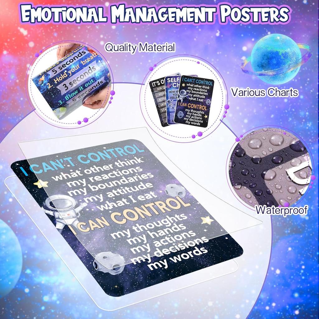 Funrous 10 Pcs Calming Corner Posters Space Themed Classroom Feeling Emotion Charts Mental Health Poster Decorations Calm Down Wall Art for Students