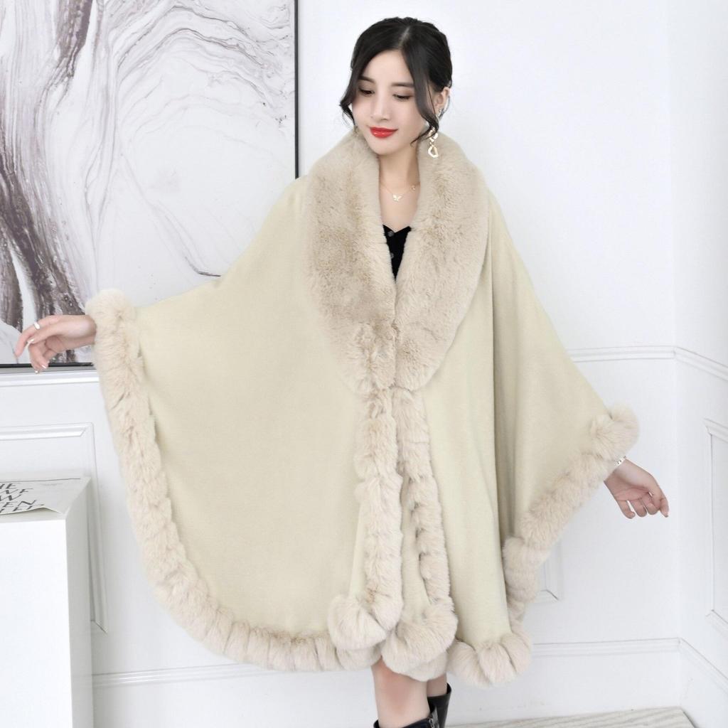 16 Colors Women String Rabbit Fur Collar Outstreet Wear Winter Thick Poncho Cardigan Long Cloak Big Pendulum Loose Shawl Coat