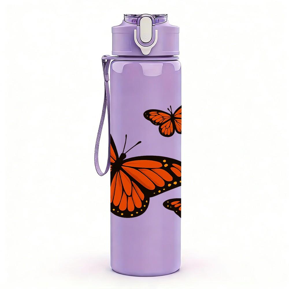 1PC Trio Orange Butterflies 750ml Color Plastic Sports Water Bottle Leakproof Flip Straw Lid Suitable for Sports Office Home Use