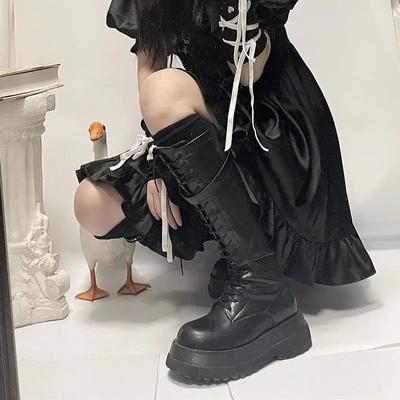 Модная Зима 2024 Платформа Шнуровка Женские Длинные Сапоги Со Шнурками Женские Сапоги-чулки до Колена Новинка Весны Удобные и Элегантные Пу