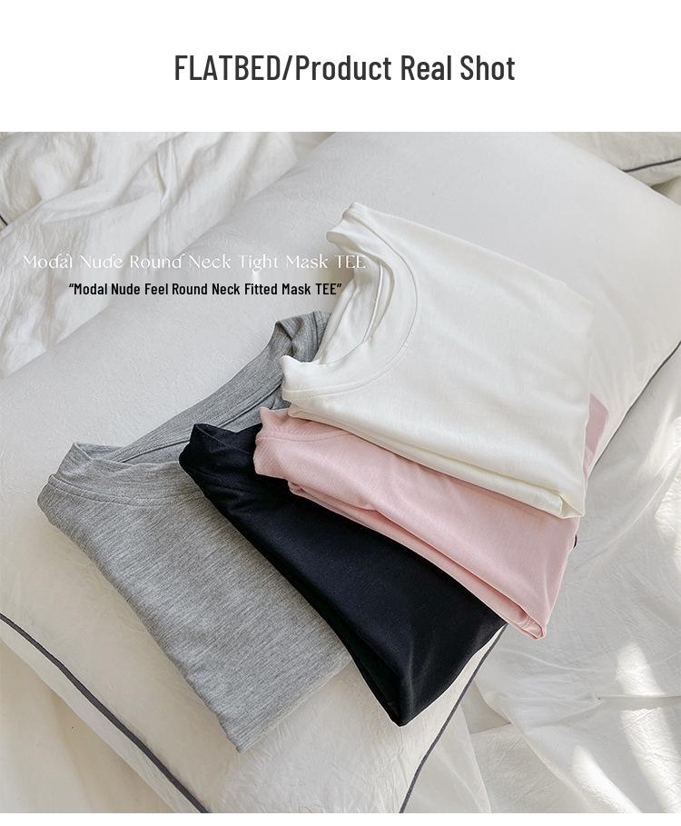 Женская приталенная футболка с коротким рукавом и круглым вырезом - Ощущение обнаженности, Прямое плечо, Удобная посадка