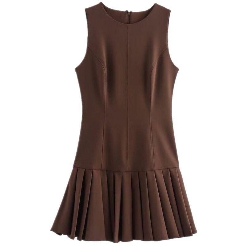 Fashion Style 2024 Fall and Winter New Women's Wide Pleated Mini Crew Neck Casual Sleeveless Dress 4764266