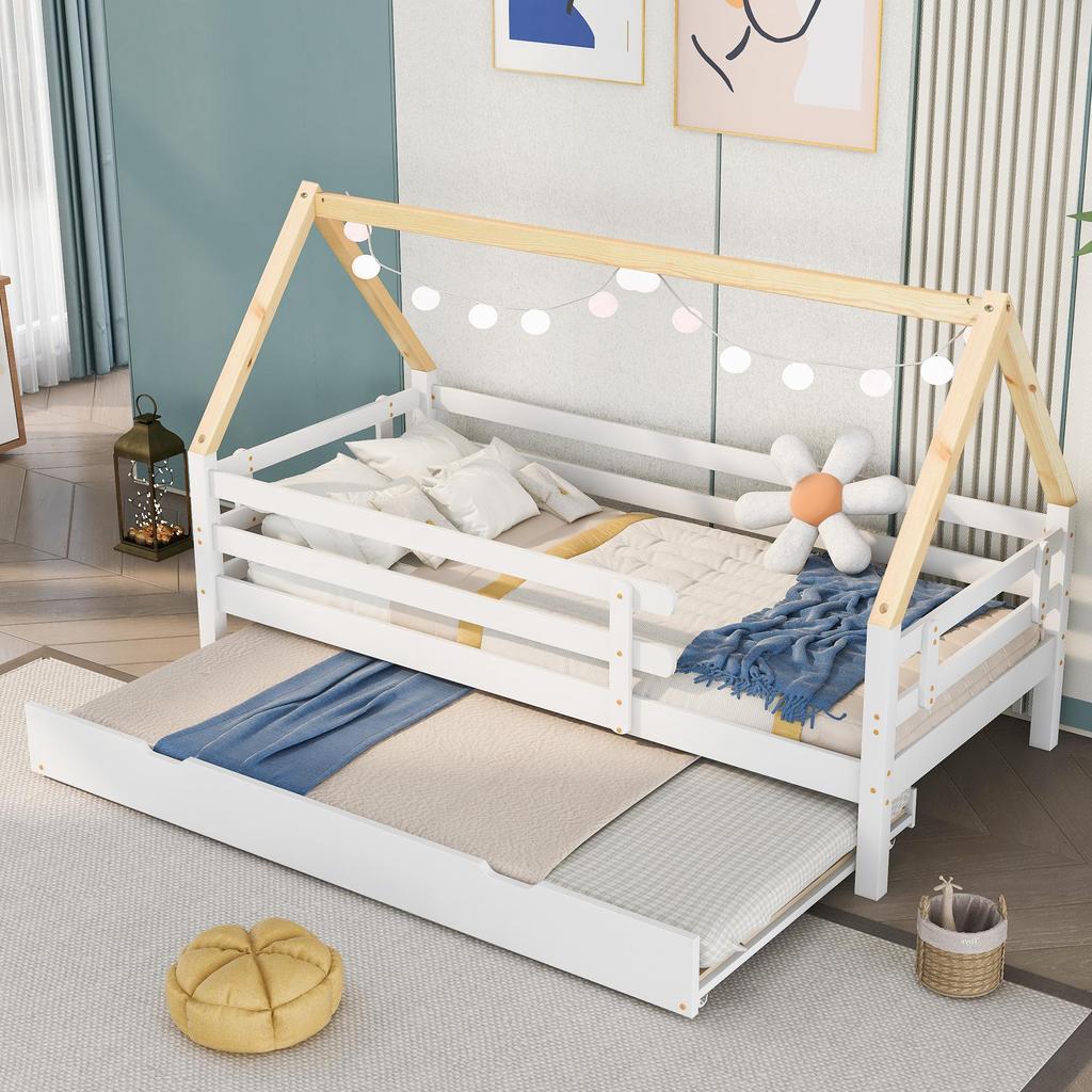 Children's Bed Fliek House Bed 200x90cm with Fall Protection and Slatted Frame, Daybed with Rollers Underneath for Girls & Boys, White+Natural-colored