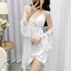 Summer New Women 2PCS Robe Nightgown Set Sexy Hollow Out Perspective Bathrobe Intimate Lingerie Silk Satin Home Dress Loungewear