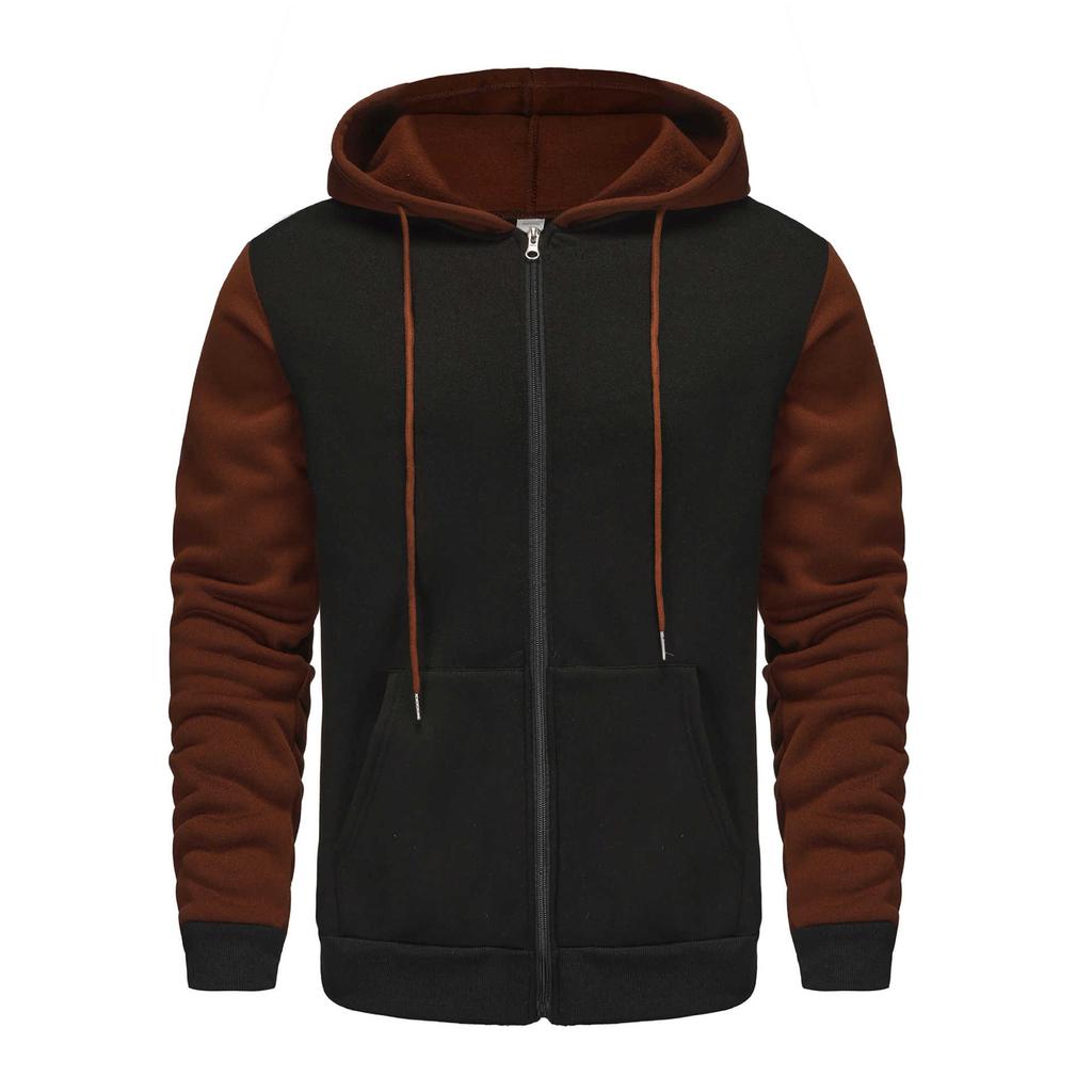 Men Zip Up Long Sleeve Pullover Casual Color Block Hooded Sweatshirt Drawstring Sport Winter Jacket With Pocket