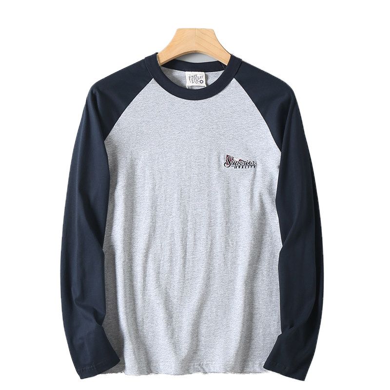 Vintage Patchwork Color-Blocking Pure Cotton T-Shirt for Men, Autumn Season, Letter Embroidery, Casual Base Shirt, Trendy