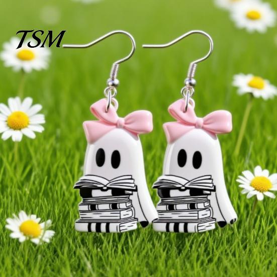 Hypoallergenic Alloy Hooks Cute Reading Ghost Earrings, Sweet Bowknot Drop Whimsical Earrings Lightweight Acrylic Halloween Jewelry for Women Girls