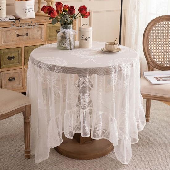Retro Table Cloth See-through Hollow Out Lace Romantic Style Round Shape Ruffle Floral Embroidery Table Protection Banquets Party Decoration