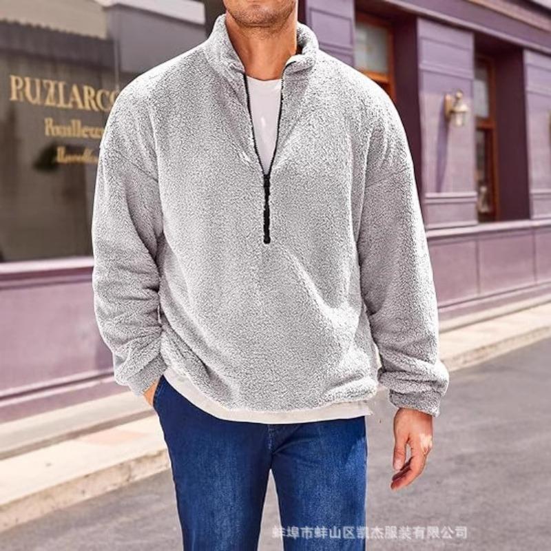 Men S Winter Half Zip Long Sleeve Solid Color Fleece Sweatshirt