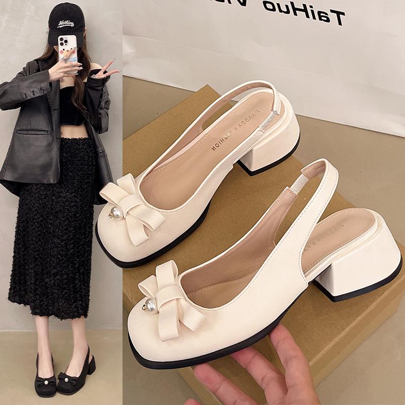 Fashion 2025 Beige Heeled Sandals Women's Female Shoe Square Toe Black New Open Block Girls Bow Comfort Summer Low Closed Casual Sandal
