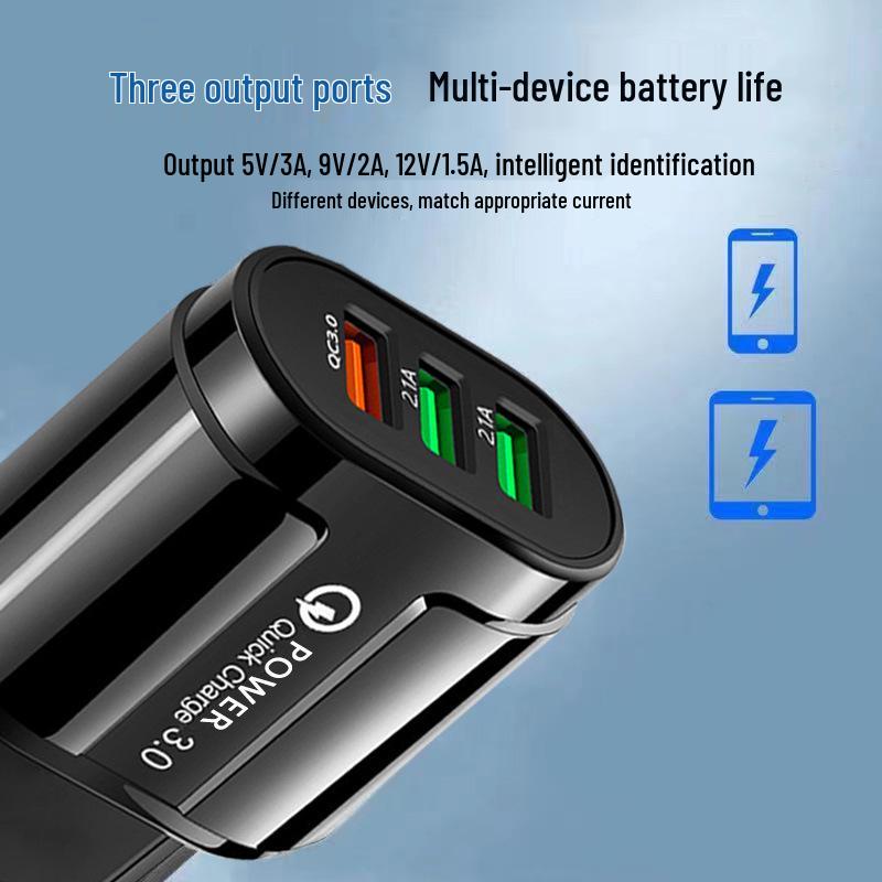 Быстрое зарядное устройство USB QC3.0: Совместимо с Apple, Huawei, европейскими и американскими стандартами, 3-в-1.