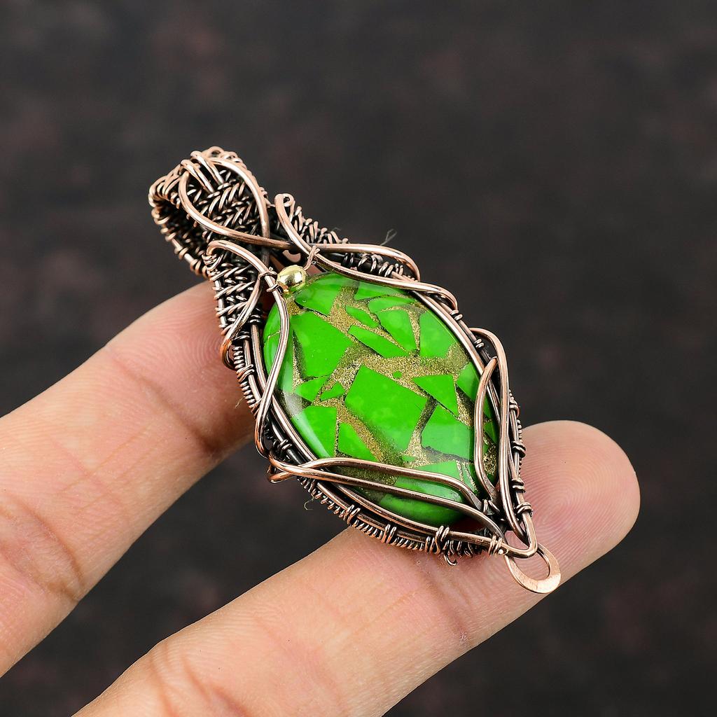 Copper Green Turquoise Gemstone Pendant Copper Wire Wrapped Pendant Handmade Wire Wrapped Jewelry Birthstone Pendant Copper Jewelry For Gift