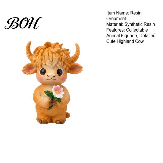 Pastoral Style Desktop Decor Highland Cow Holding Flower Statue, Cute Resin Animal Figurine, Desk Accessories for Women Farmhouse Sculpture
