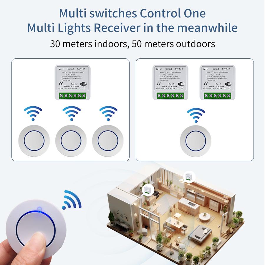 16A Tuya WiFi Smart Light Switch 433Mhz Wireless Relay Receiver Mini Round Panel Switch APP Voice Control Alexa Google Home