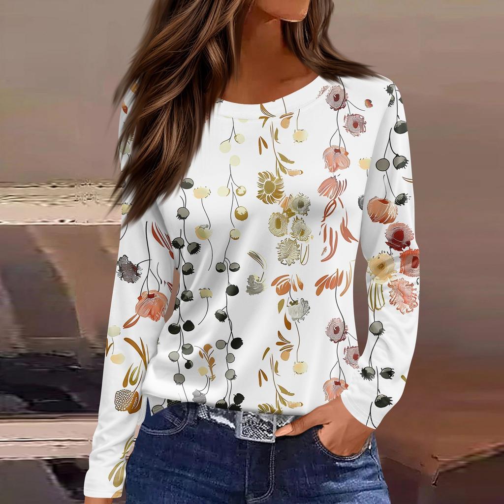 Женская модная повседневная свободная футболка с принтом и круглым вырезом с разрезом и длинным рукавом, женский топ