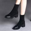Elastic Thin Boots Women's Autumn and Winter Fleece Thickened 2025 New Soft Leather Splicing Small Bare Boots Medium Heel Thick Heel Medium Boots