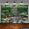 2D stone wall waterfall background fabric, stone wall with green plants and bonsai, flowing water of the waterfall