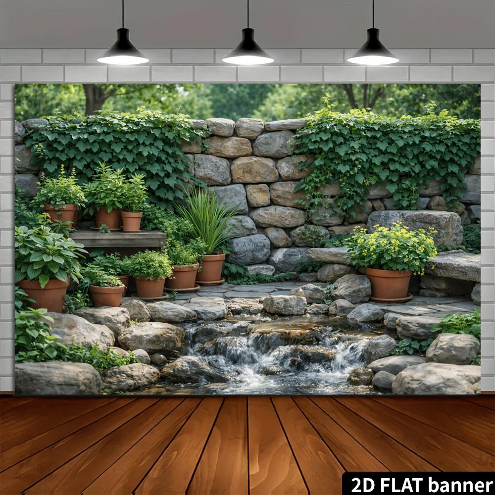 2D stone wall waterfall background fabric, stone wall with green plants and bonsai, flowing water of the waterfall